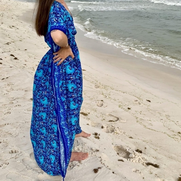 Rujuta Sheth Boho Resort Garden Marie Cinched Kaftan Maxi Dress Blue S/M - Picture 4 of 14